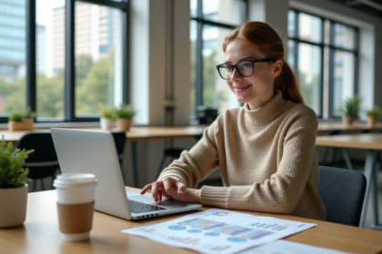 Jeune femme au bureau avec graphique impact environnement