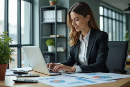 Femme en costume d'affaires examinant des feuilles de calcul