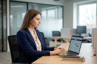 Jeune femme en tenue professionnelle cherche emploi sur son ordinateur