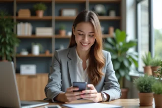 Jeune femme au bureau utilisant son smartphone avec enthousiasme