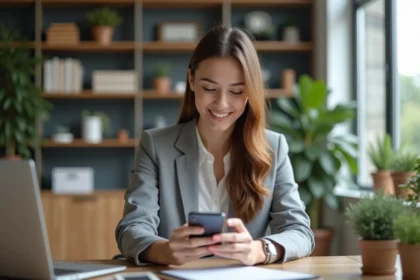 Jeune femme au bureau utilisant son smartphone avec enthousiasme