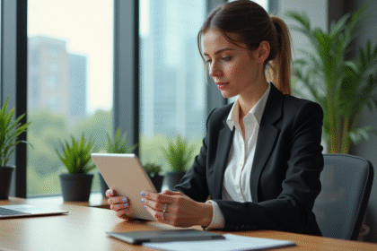 Femme en costume regardant une tablette dans un bureau moderne