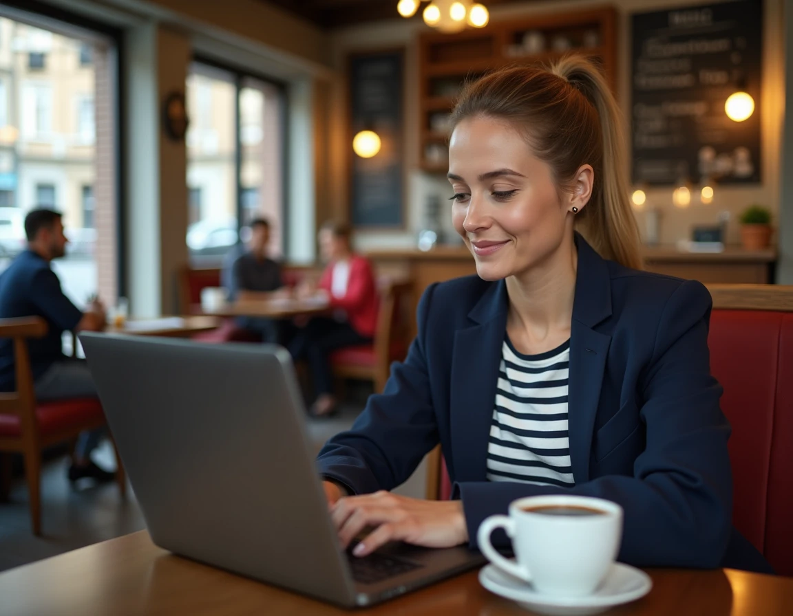 Femme dans un café recherchant comment trouver son numéro Lyca Mobile avec son ordinateur et son téléphone