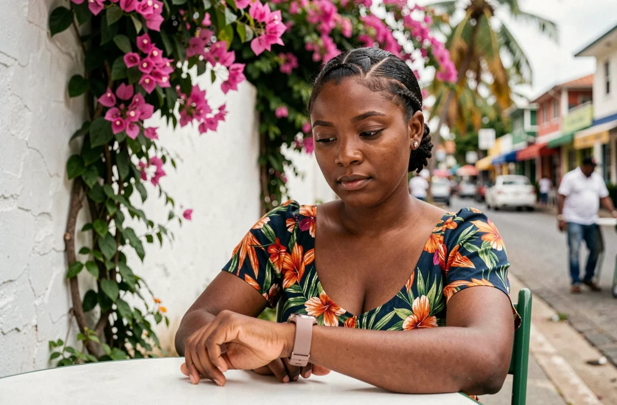Femme calédonienne vérifiant l'heure à sa montre dans un café en plein air à Nouméa
