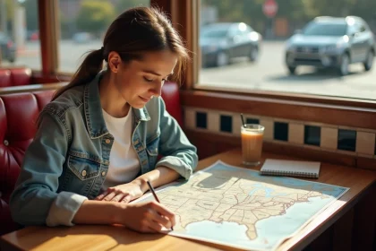 Femme consultant une carte routière des États-Unis dans un diner américain avec tableau de conversion miles et kilomètres