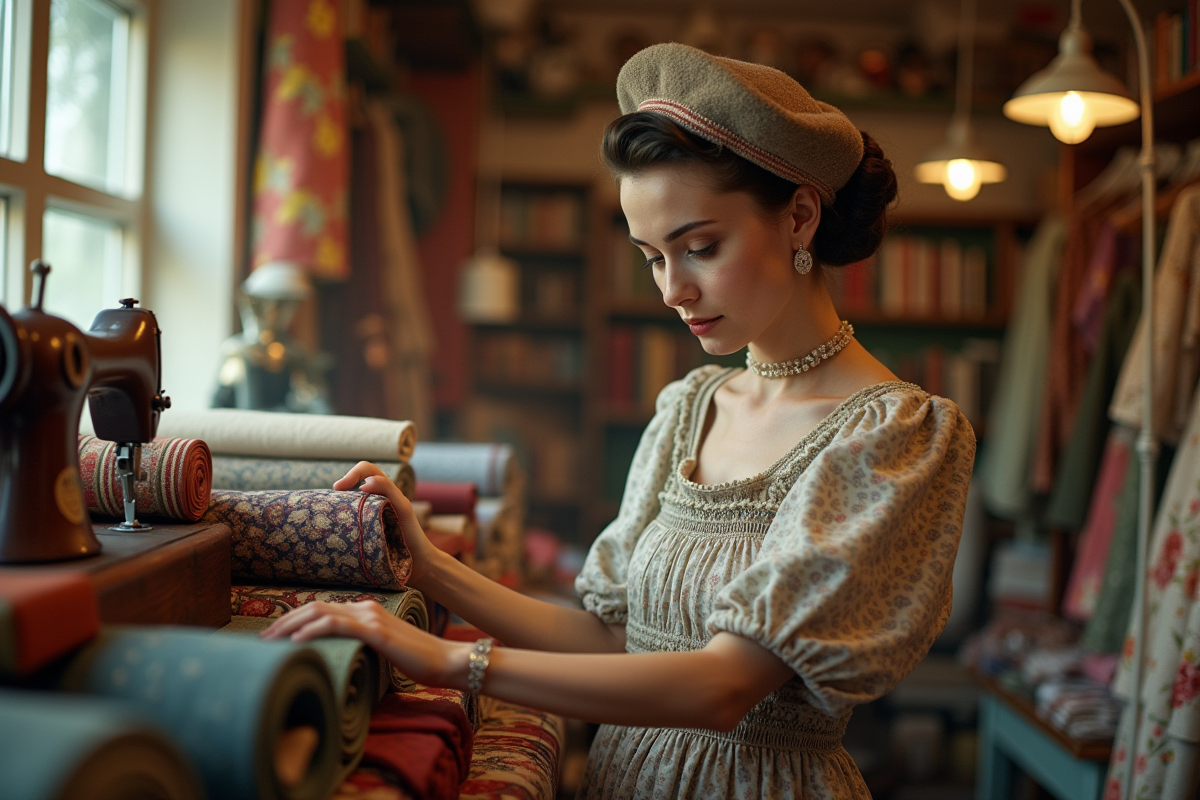 Femme des années 1940 choisissant des tissus à motifs dans une boutique