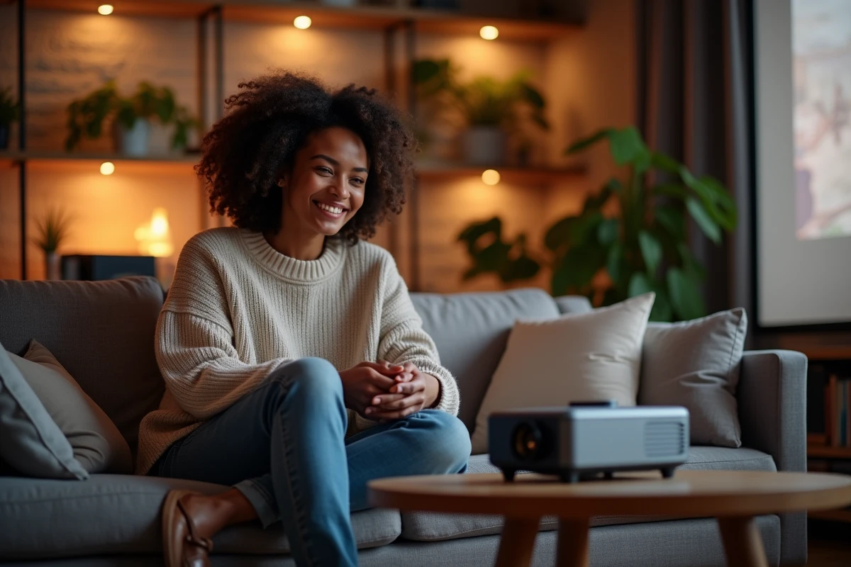 Femme souriante regardant un film avec un projecteur dans un salon chaleureux