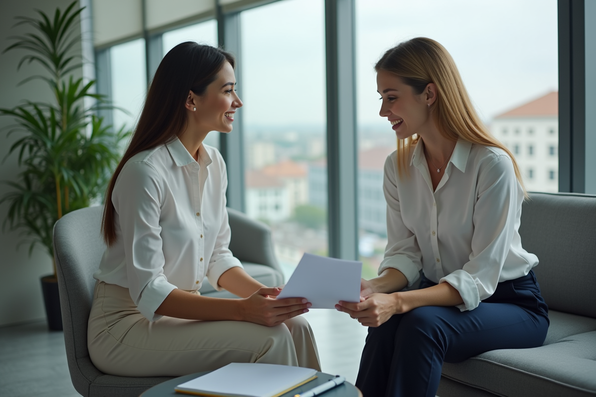 Jeune femme professionnelle discutant avec un conseiller immobilier