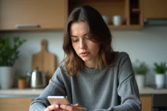 Jeune femme consultant les paramètres de son smartphone pour trouver son numéro Lyca Mobile dans son appartement