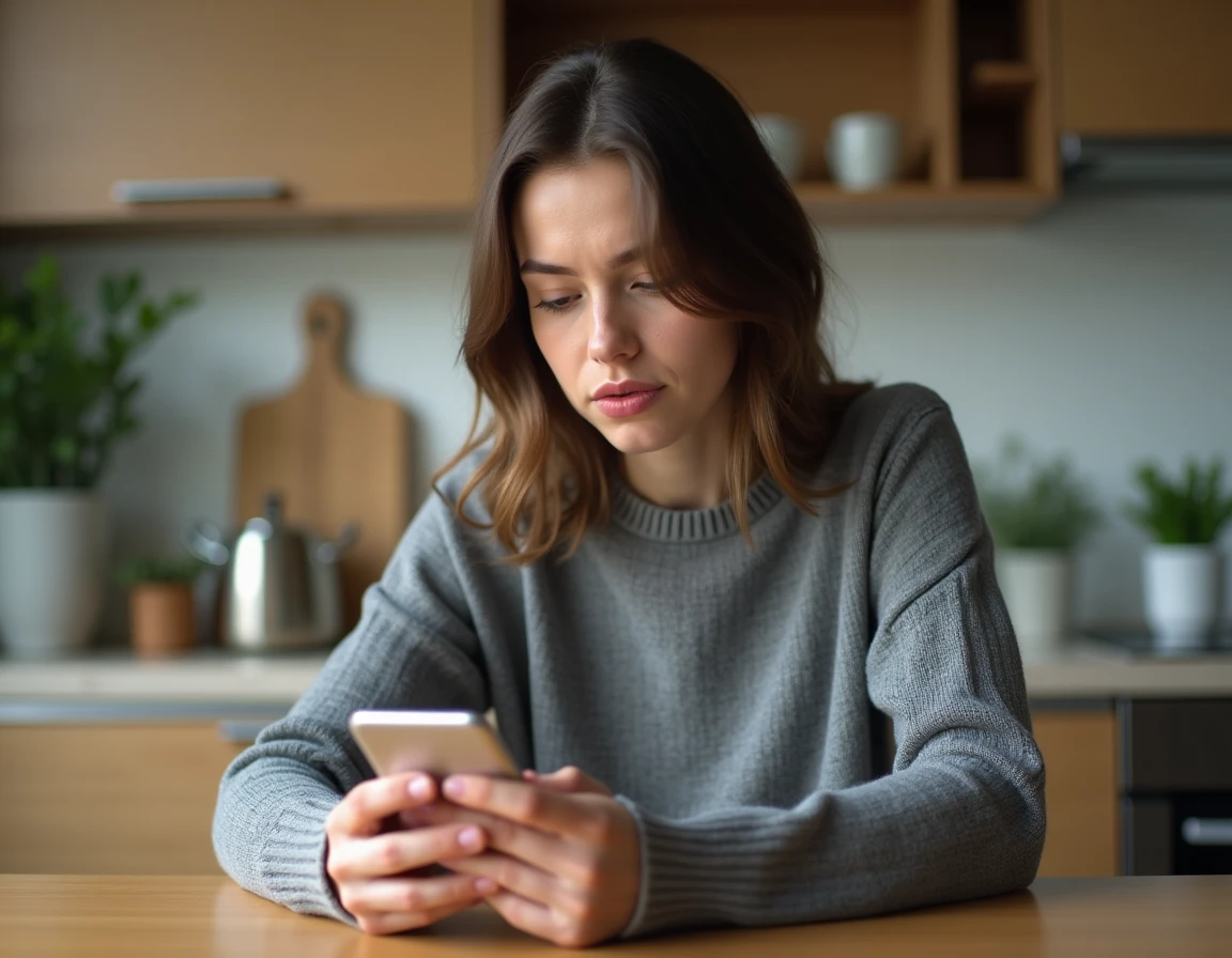 Jeune femme consultant les paramètres de son smartphone pour trouver son numéro Lyca Mobile dans son appartement