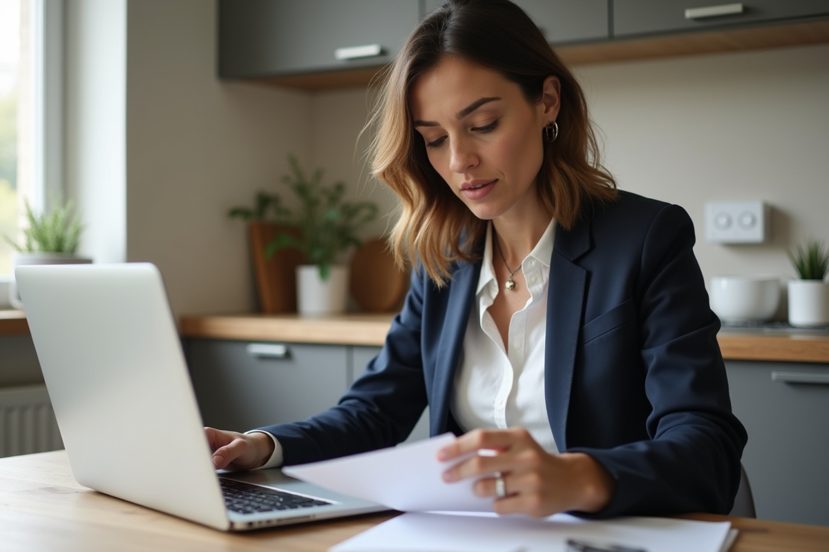 Femme d'affaires examine des papiers de prêt immobilier