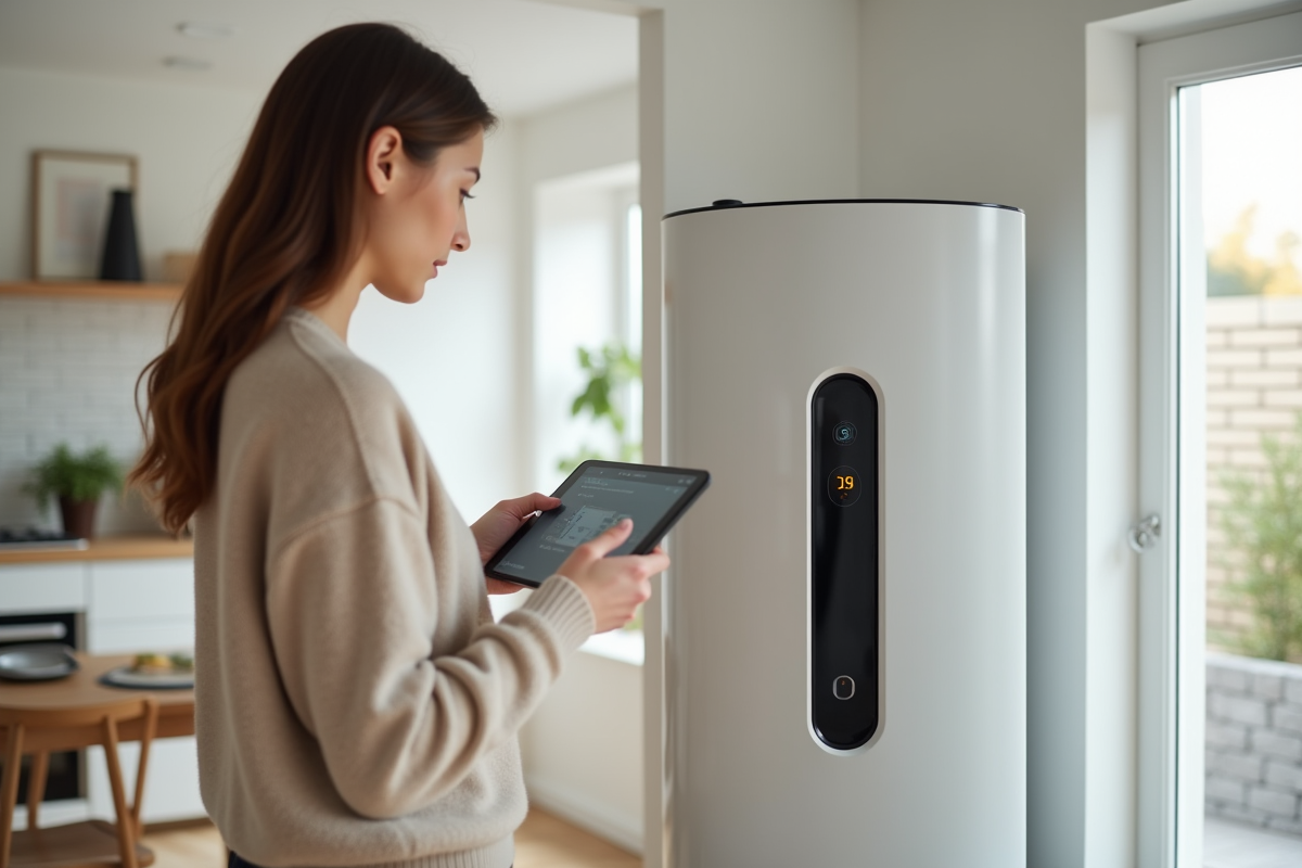 Jeune femme utilisant une tablette près d un stockage d hydrogène