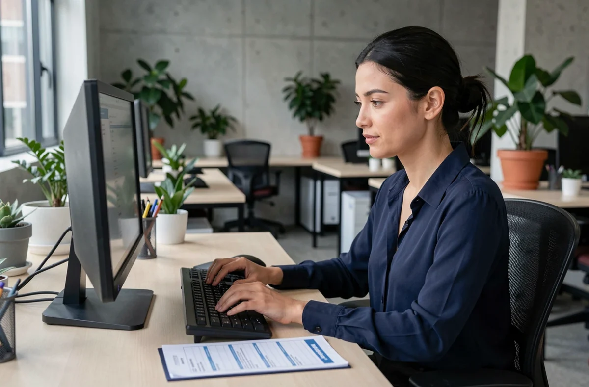 Femme en espace de coworking consultant une liste pour accéder en sécurité à Govioz sans erreur