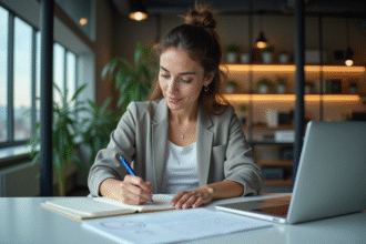 Femme concentrée dessinant des wireframes UI dans un bureau moderne