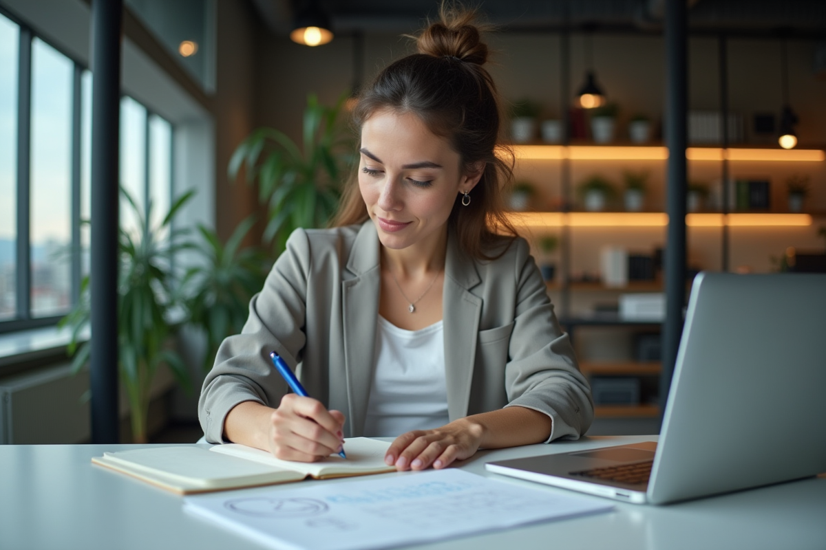 Femme concentrée dessinant des wireframes UI dans un bureau moderne
