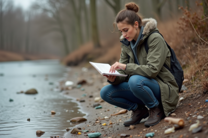 Femme observant une rivière polluée avec débris et poissons morts
