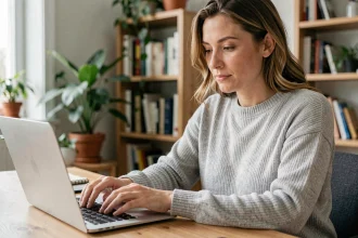 Femme tapant un message sur un ordinateur portable, illustrant la question orthographique je t'envoie ou je t'envoi