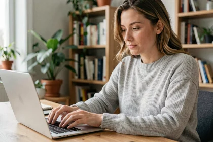 Femme tapant un message sur un ordinateur portable, illustrant la question orthographique je t'envoie ou je t'envoi