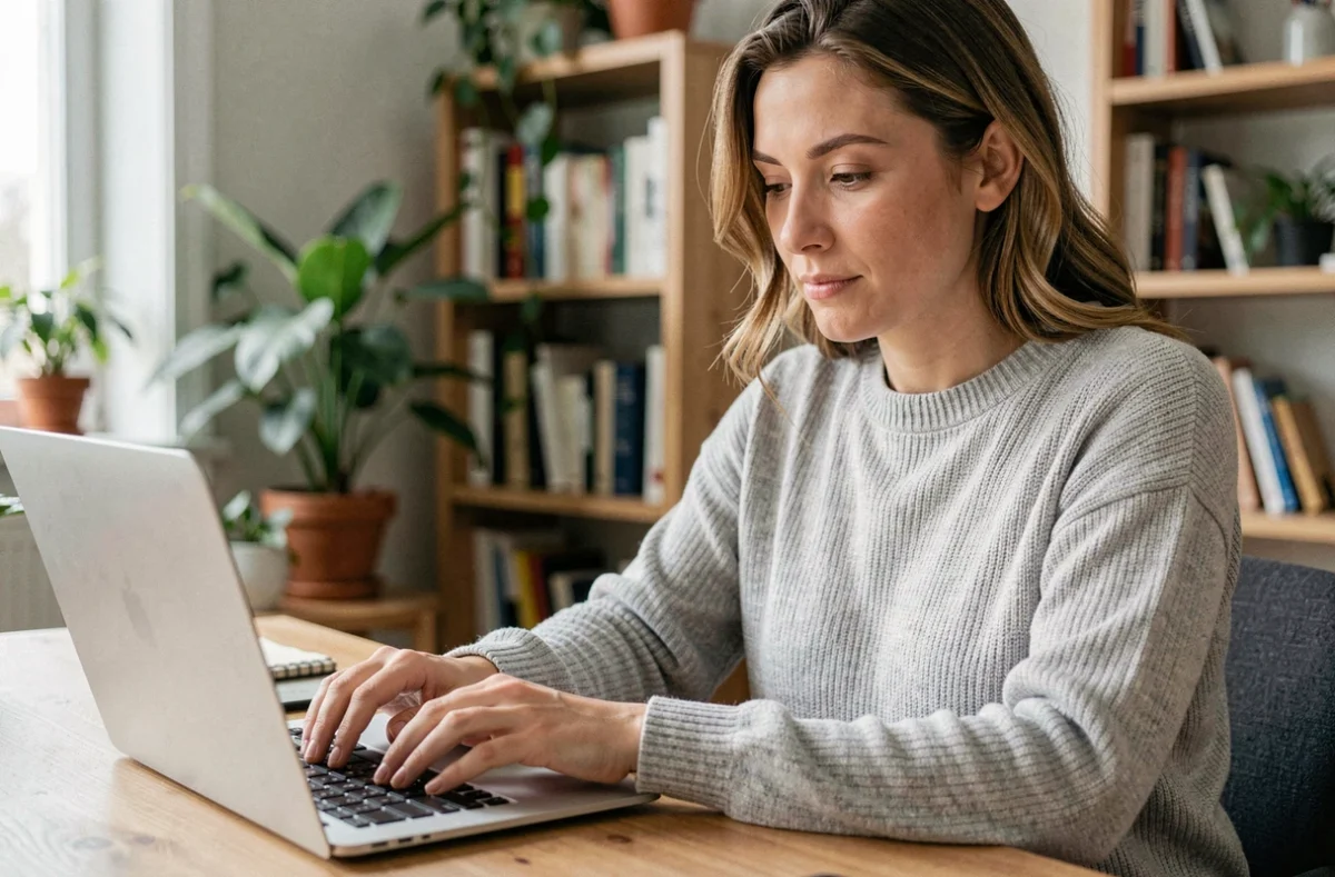 Femme tapant un message sur un ordinateur portable, illustrant la question orthographique je t'envoie ou je t'envoi
