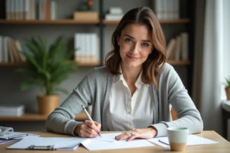 Femme écrivant l'adresse sur une enveloppe dans un bureau moderne