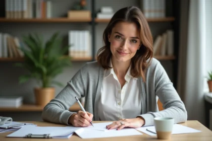 Femme écrivant l'adresse sur une enveloppe dans un bureau moderne