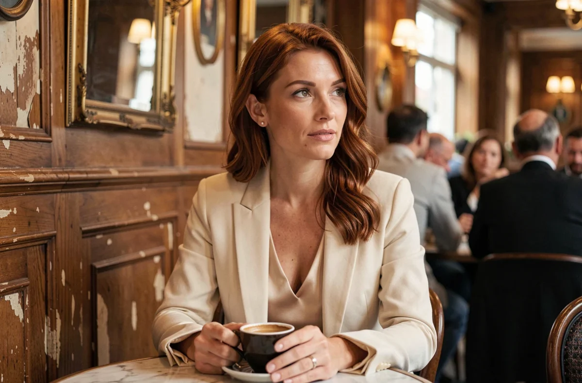 Femme élégante et confiante attablée dans une brasserie parisienne traditionnelle, portrait éditorial