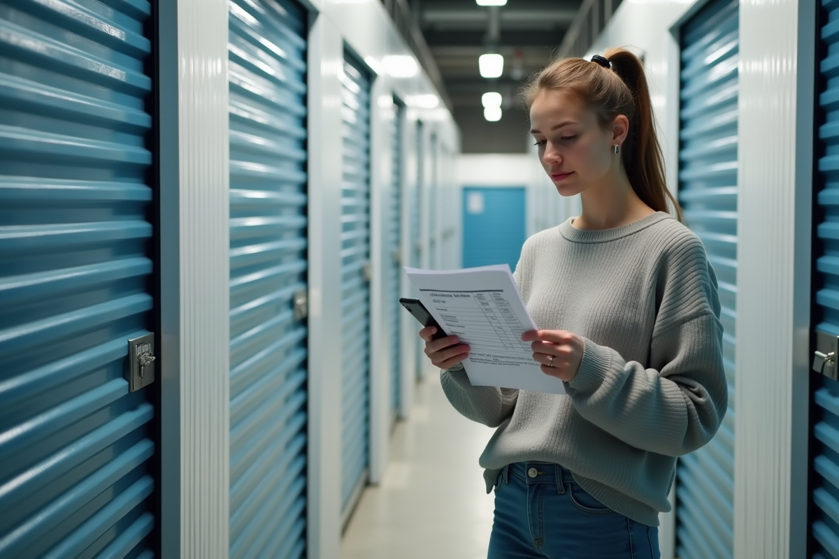 Jeune femme regardant son smartphone dans un centre de stockage