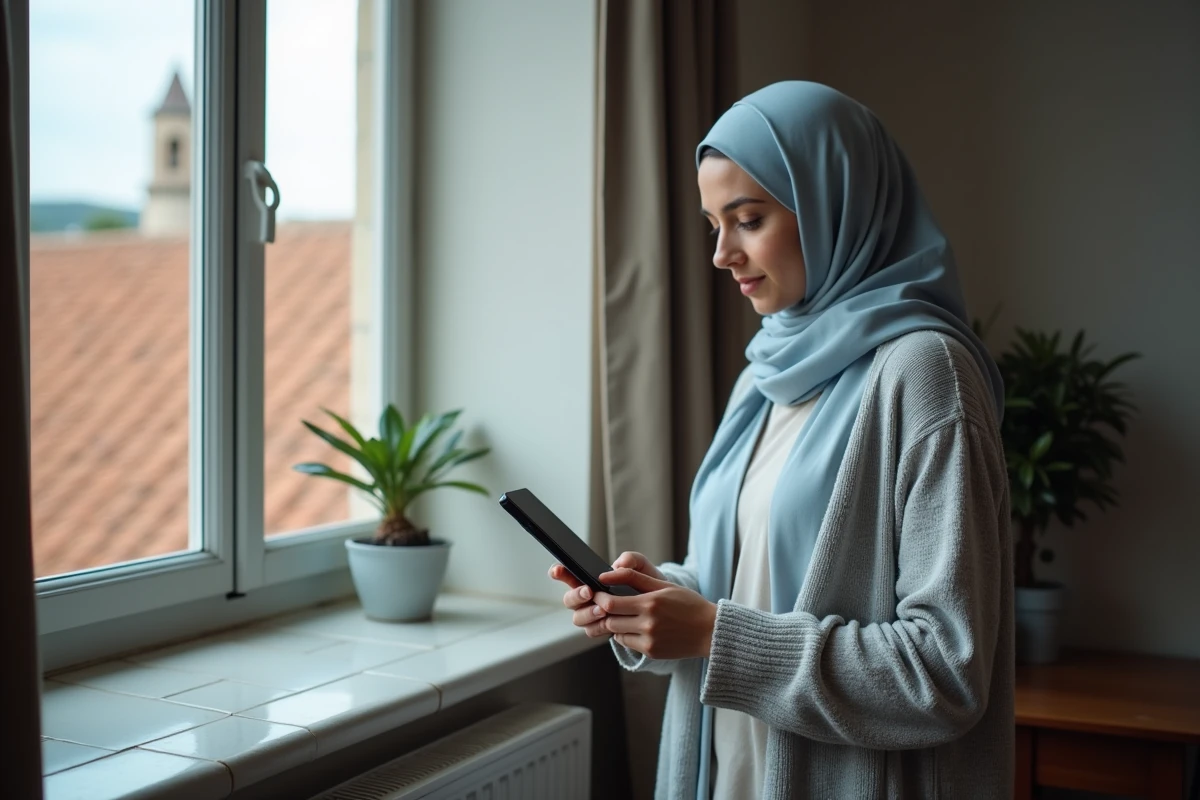 Femme voilée vérifiant les horaires de prière sur une tablette avec vue sur les toits de Toulouse