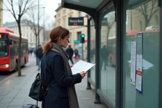 Femme d'âge moyen à Lyon lisant un horaire à un arrêt de bus