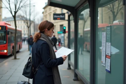 Femme d'âge moyen à Lyon lisant un horaire à un arrêt de bus
