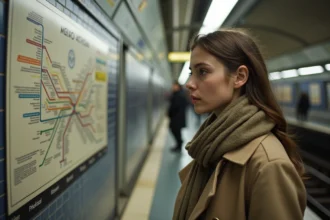 Jeune femme regardant une carte du métro à Paris