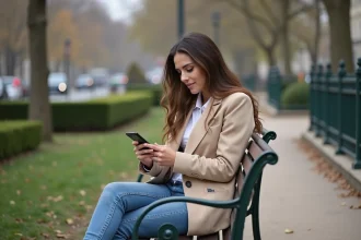 Jeune femme assise dans un parc parisien checkant son téléphone