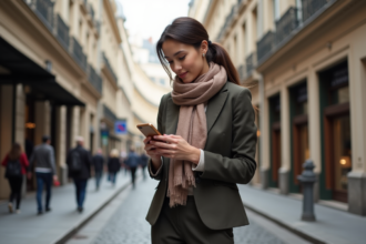 Jeune femme élégante dans une rue parisienne avec blazer et smartphone