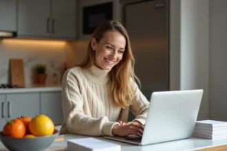 Femme souriante créant une carte de voeux pour le nouvel an