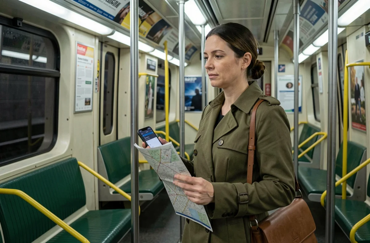 Femme consultant un plan du métro ligne 10 dans une rame RATP pendant les heures de pointe