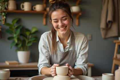 Femme façonnant de l'argile sur un tour de potier dans une cuisine chaleureuse