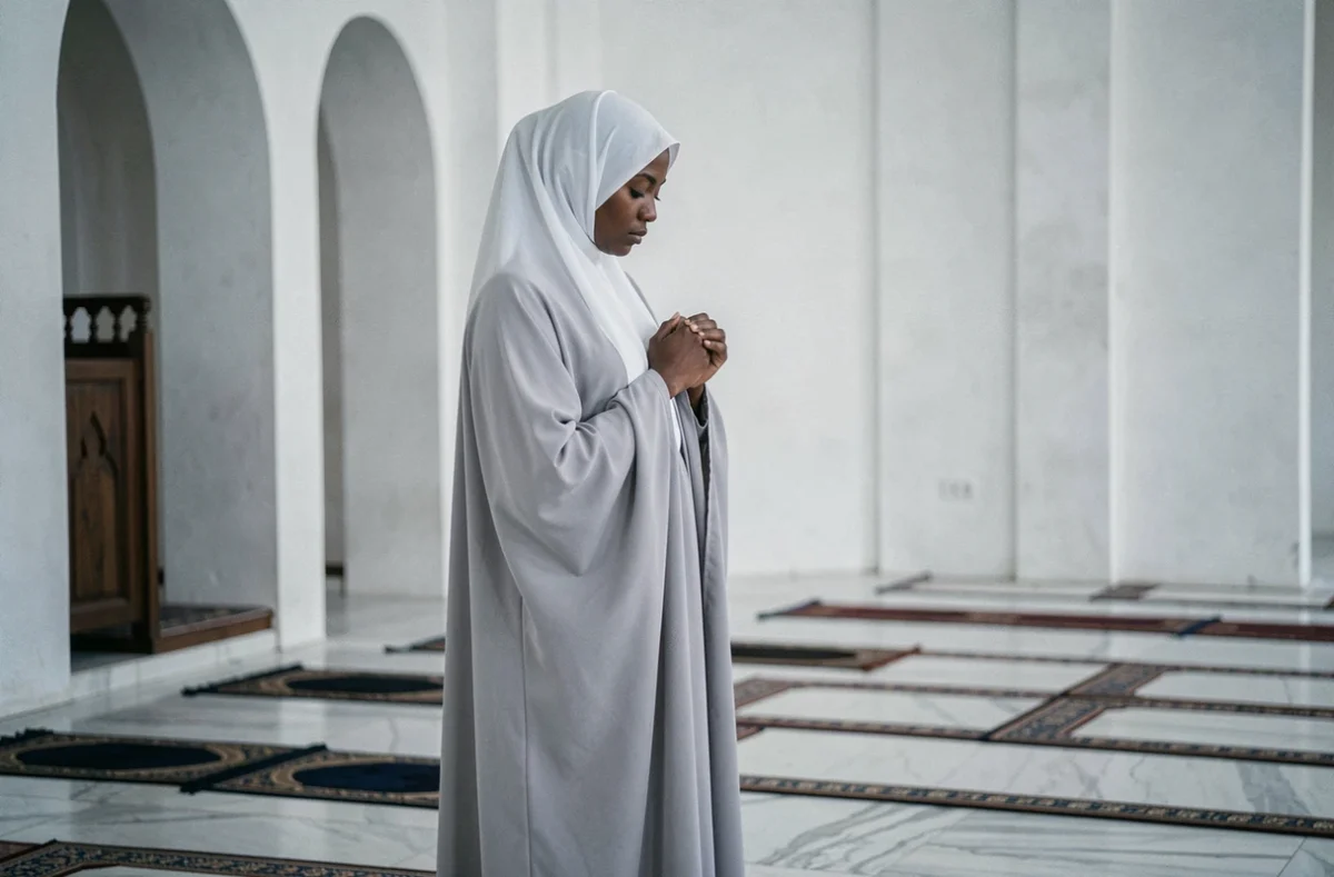 Femme en jilbab gris effectuant la prière du Fajr debout dans une mosquée minimaliste aux murs blancs