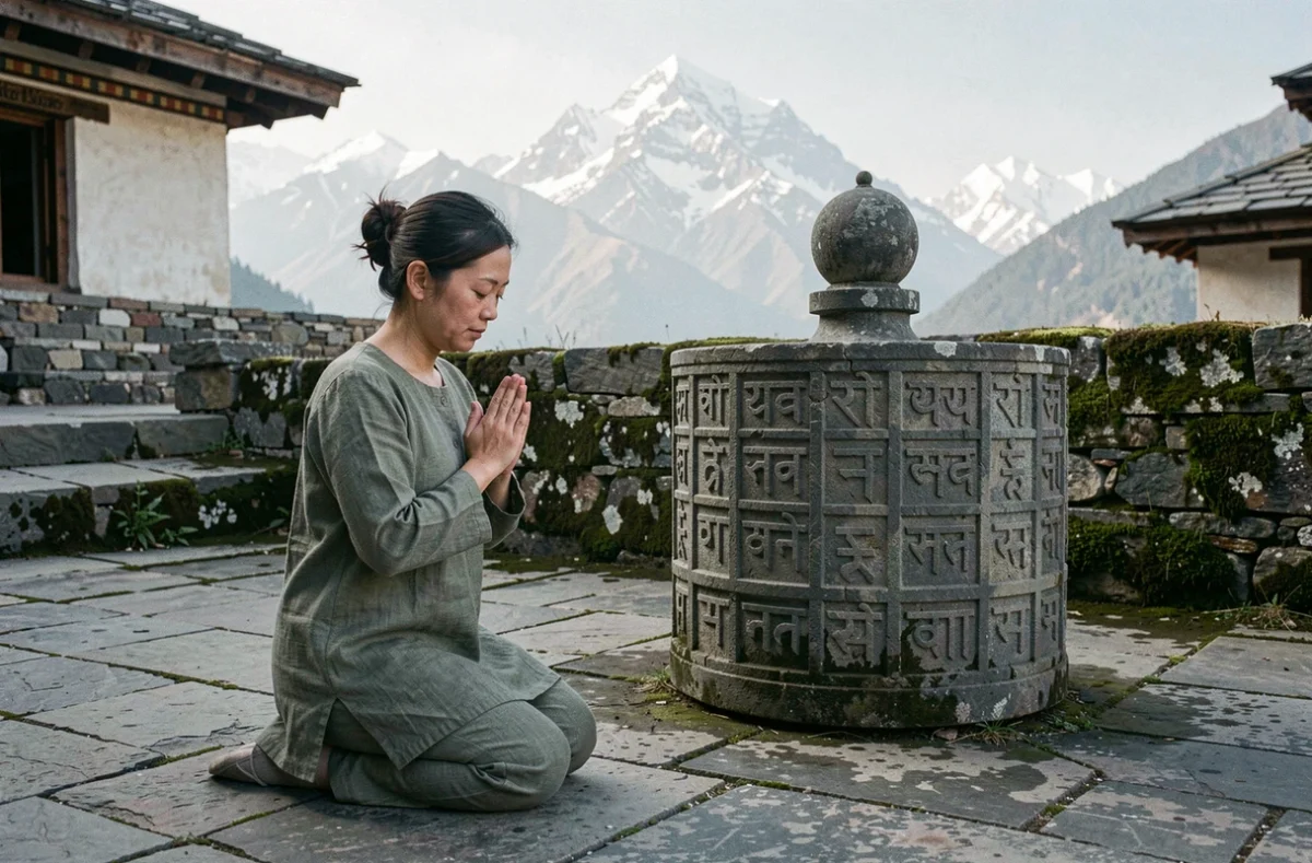 Femme en prière devant une roue à prières en pierre gravée de mantras dans la cour d'un temple himalayen, avec des sommets enneigés en arrière-plan, symbolisant la dévotion et la traduction du mantra Om Mani Padme Hum