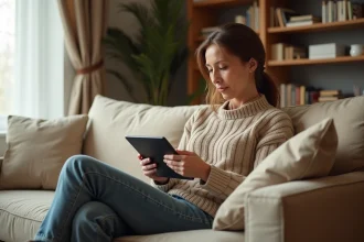 Femme d'une quarantaine d'années consultant le programme télé de l'après-midi sur une tablette, installée confortablement dans son salon