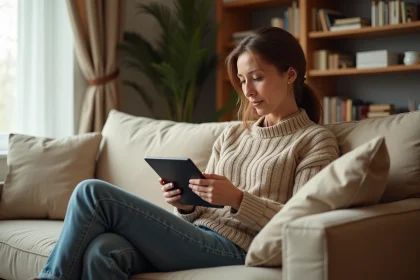 Femme d'une quarantaine d'années consultant le programme télé de l'après-midi sur une tablette, installée confortablement dans son salon