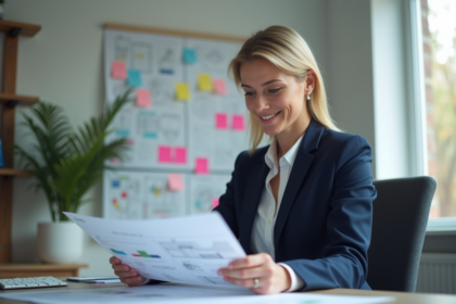 Femme en blazer navy examine des esquisses de projet innovant