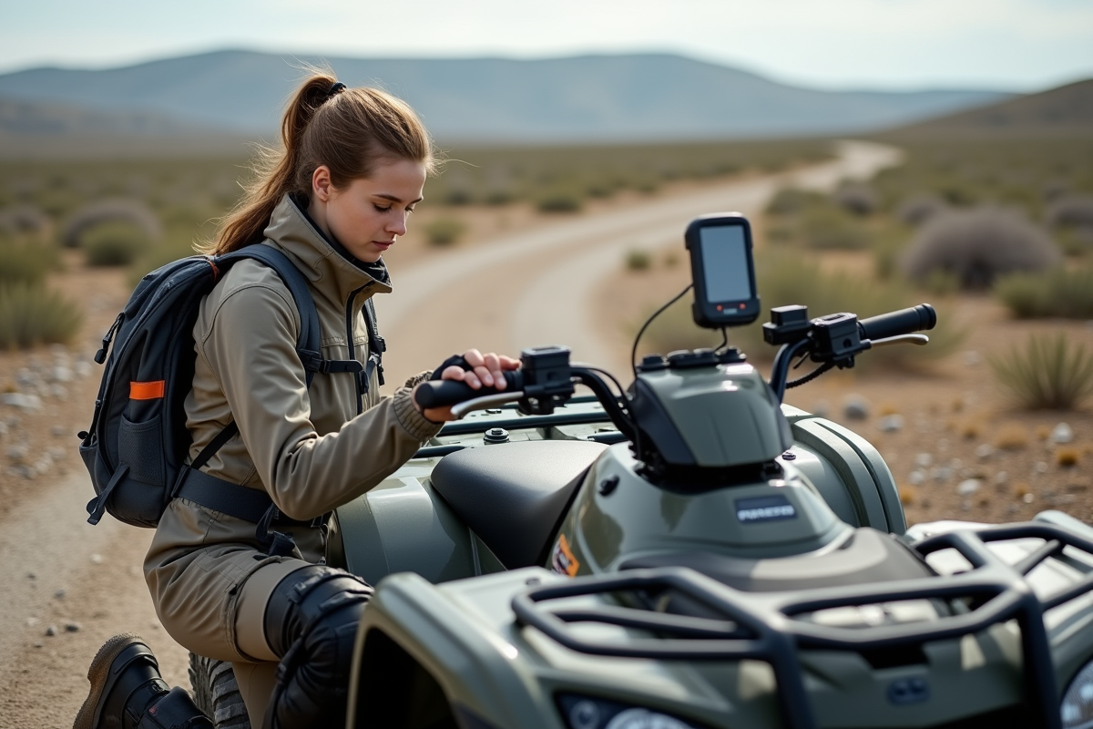 Jeune femme inspectant GPS sur quad en campagne ouverte
