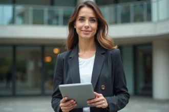 Femme consultant une plateforme immobilière en ligne sur tablette devant un immeuble moderne