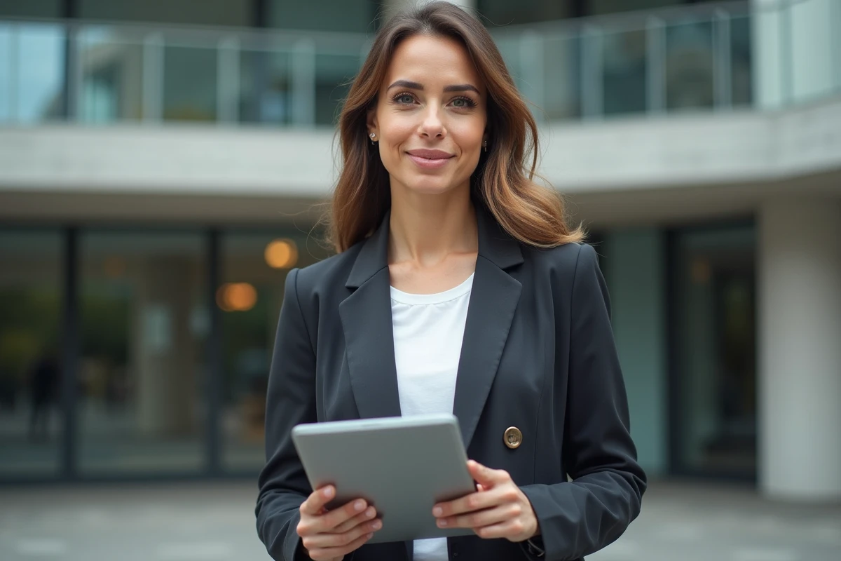 Femme consultant une plateforme immobilière en ligne sur tablette devant un immeuble moderne