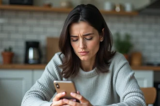 Femme consultant un numéro inconnu sur son smartphone dans une cuisine moderne, illustrant la recherche inversée de numéro de téléphone