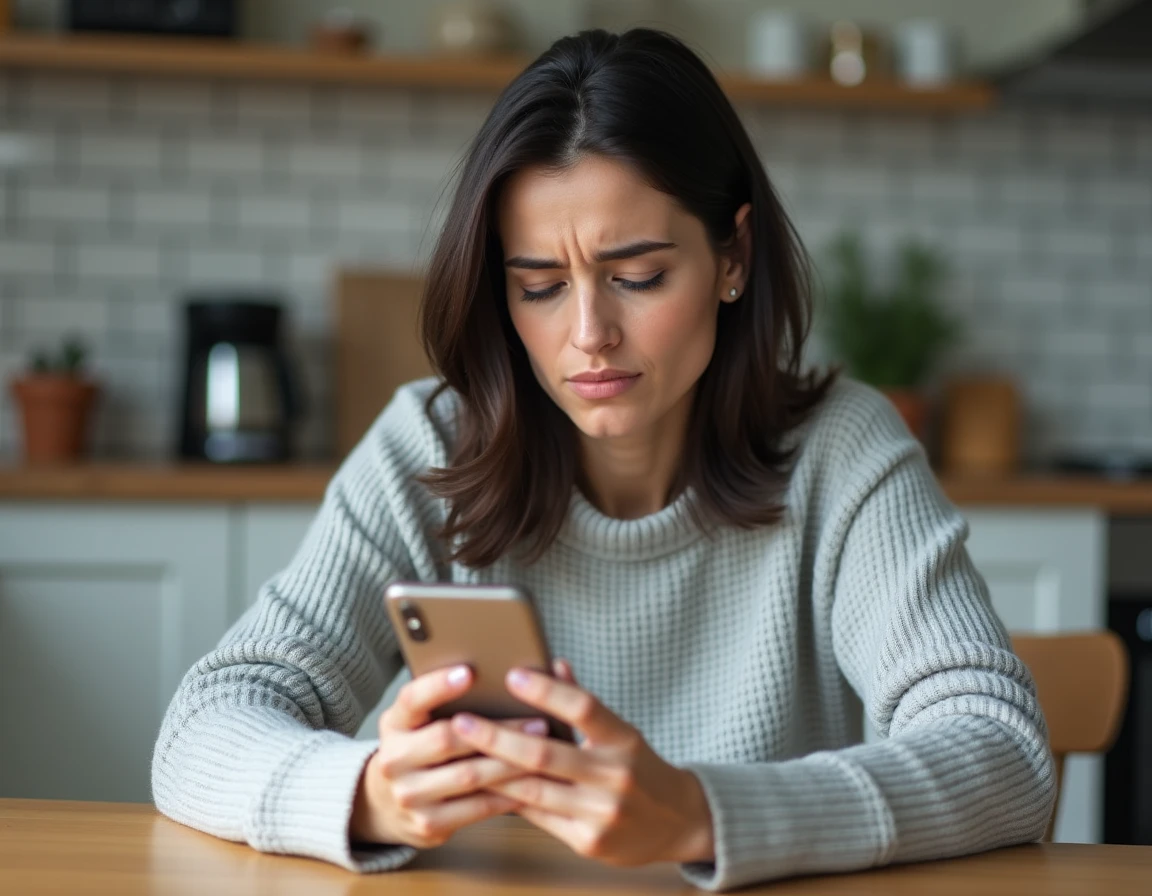 Femme consultant un numéro inconnu sur son smartphone dans une cuisine moderne, illustrant la recherche inversée de numéro de téléphone