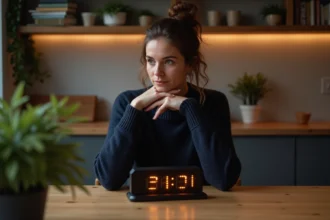 Femme pensante regardant une horloge digitale dans une cuisine chaleureuse