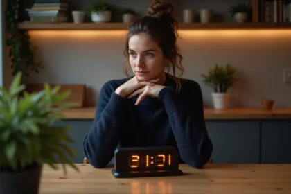Femme pensante regardant une horloge digitale dans une cuisine chaleureuse