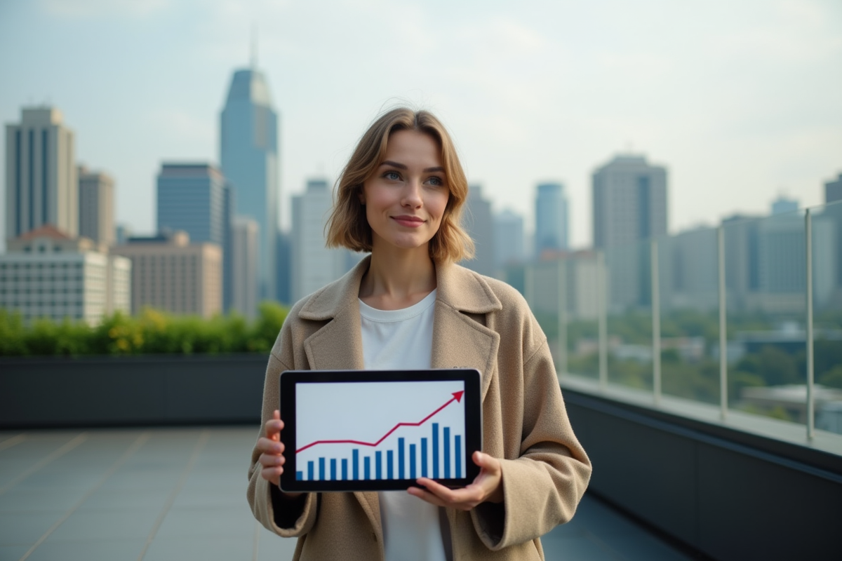 Jeune femme avec tablette sur un toit urbain