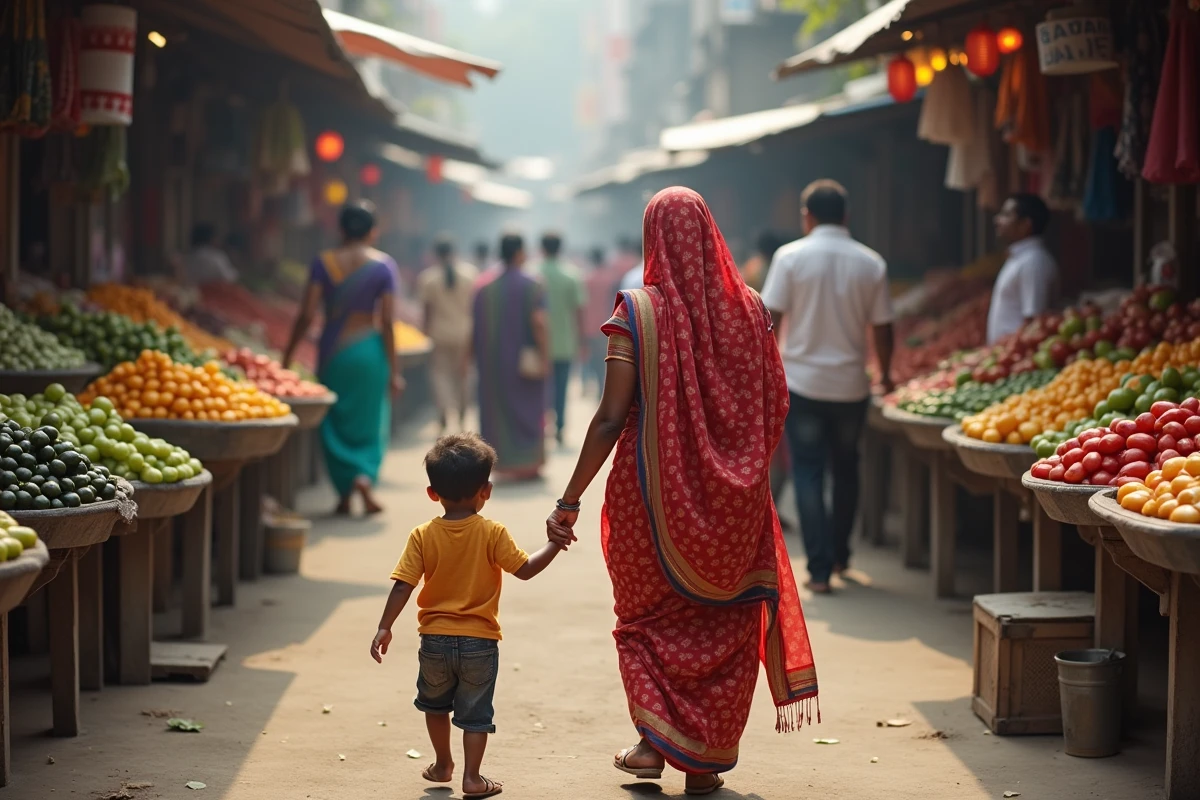 Femme en sari avec son fils dans un marché coloré